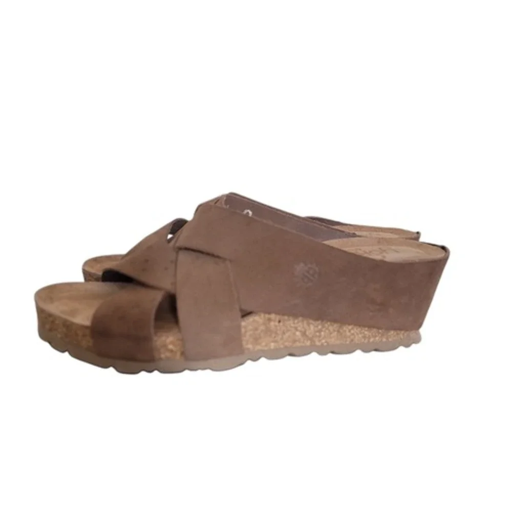 Yokono Candela Sz‎ 8 Suede Genuine Leather Cork Platform Wedge Slip On Sandals